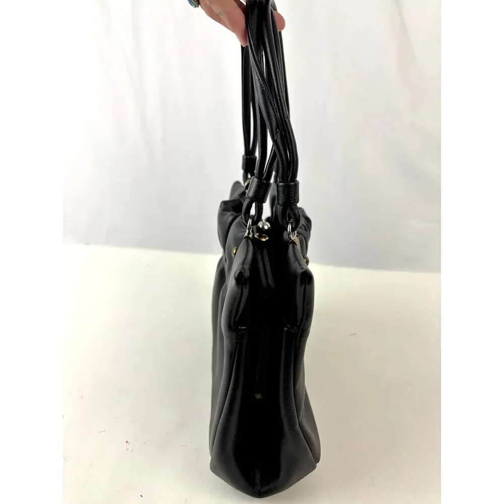 Vintage 1950s 60s‎ Black Gathered Leather Top Handle Purse Clasp Closure